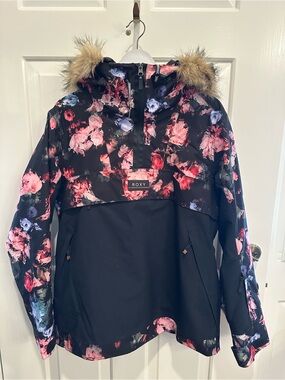 Roxy Black Floral Ski Jacket with Faux-Fur Hood
